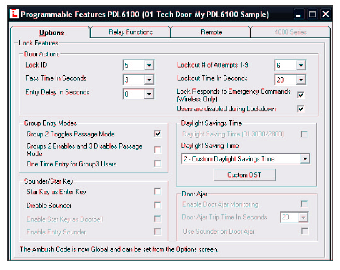 Programmable Features screen, Options tab